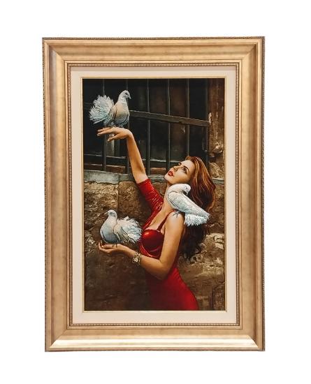 İran El Dokuması Tablo Halı (kuşlar ve kız) Ebat: (51 x 80) cm