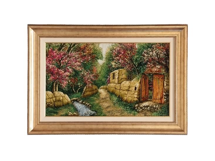 ﻿Iranian Handmade Tableau Rug (Village landscape) Size: (95 x 54)cm